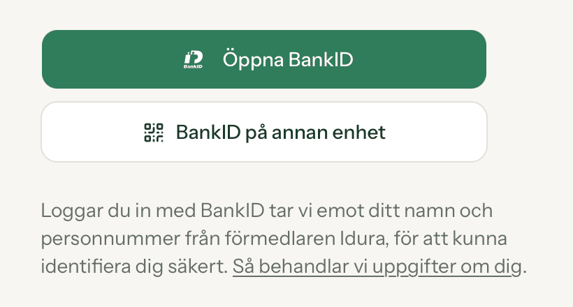 Inloggningspanelen på clinic.fysio.care: en grön knapp Öppna BankID, under den en vit knapp BankID på annan enhet med en QR-ikon, och under knapparna texten om att vi tar emot namn och personnummer från förmedlaren Idura.