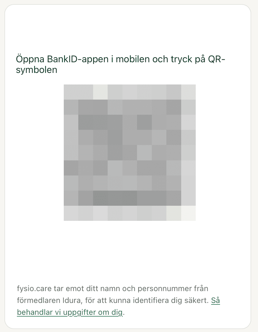 QR-sidan efter BankID på annan enhet: rubriken Öppna BankID-appen i mobilen och tryck på QR-symbolen, en QR-kod i mitten, och samma text om att fysio.care tar emot namn och personnummer från Idura.