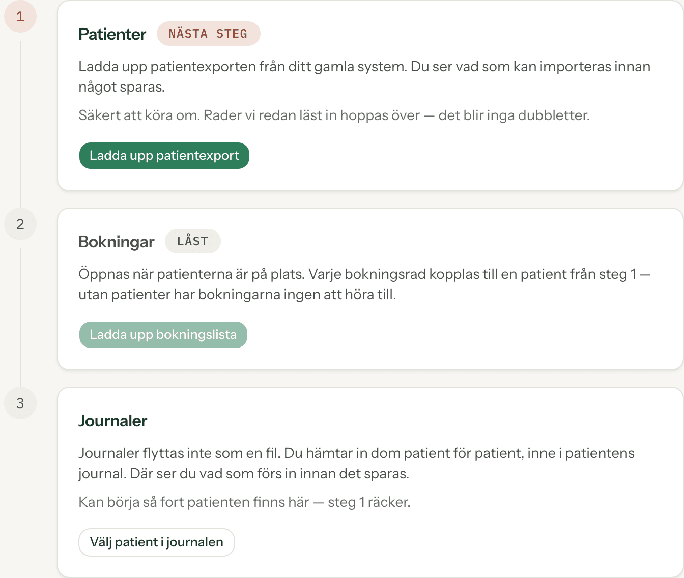 De tre stegkorten på importsidan: 1 Patienter märkt Nästa steg med knappen Ladda upp patientexport, 2 Bokningar märkt Låst med en nedtonad knapp Ladda upp bokningslista, och 3 Journaler med knappen Välj patient i journalen.