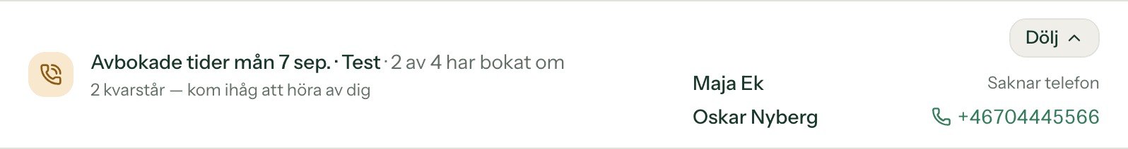 En rad i listan Att göra på Översikt: Avbokade tider mån 7 sep, behandlaren Test, 2 av 4 har bokat om. Under står 2 kvarstår, kom ihåg att höra av dig. Till höger är listan utfälld med Maja Ek som saknar telefon och Oskar Nyberg med telefonnumret som länk, och knappen Dölj.