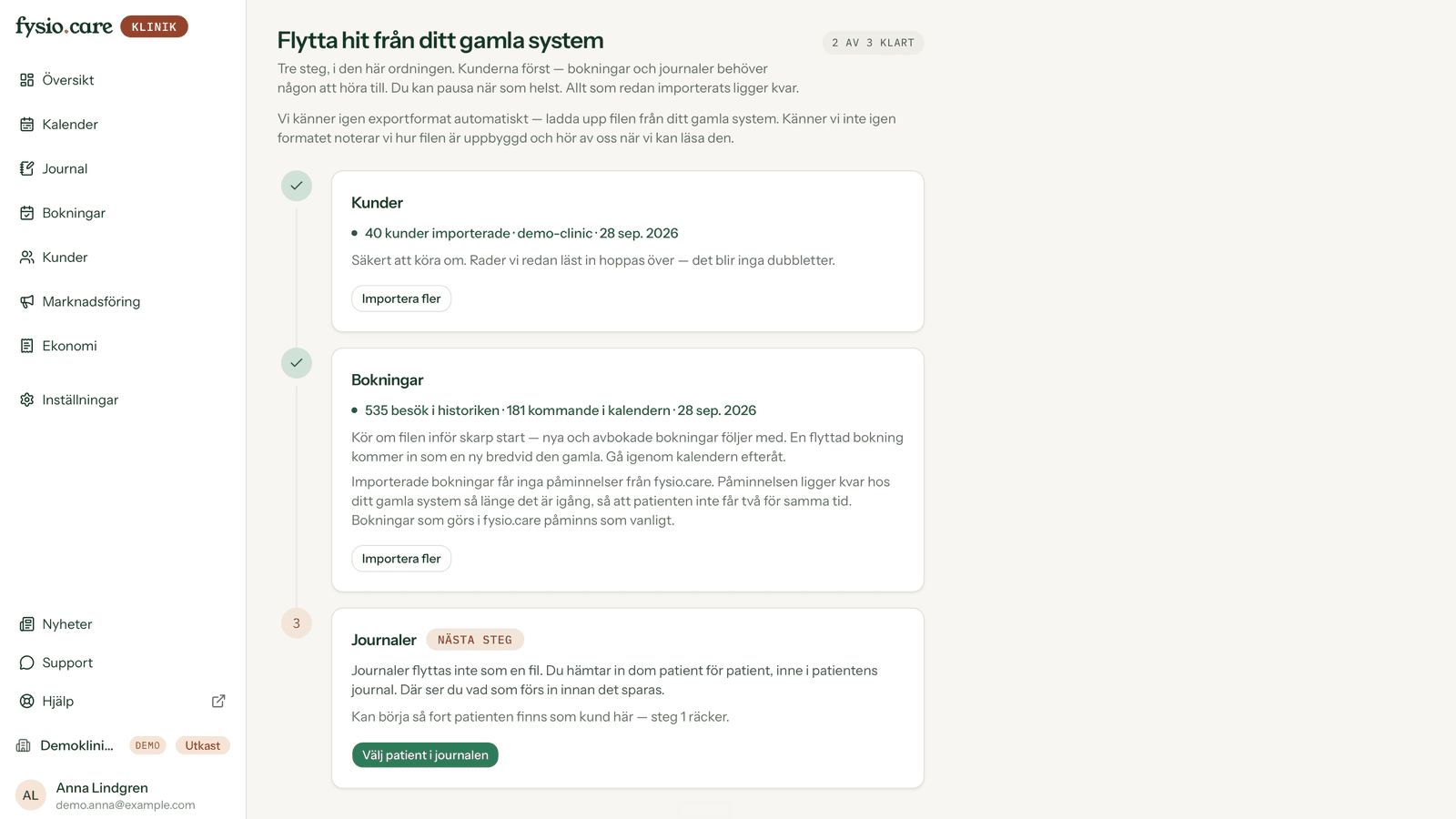 Importsidan i fysio.care där patienter och bokningar redan är flyttade från ett tidigare system.