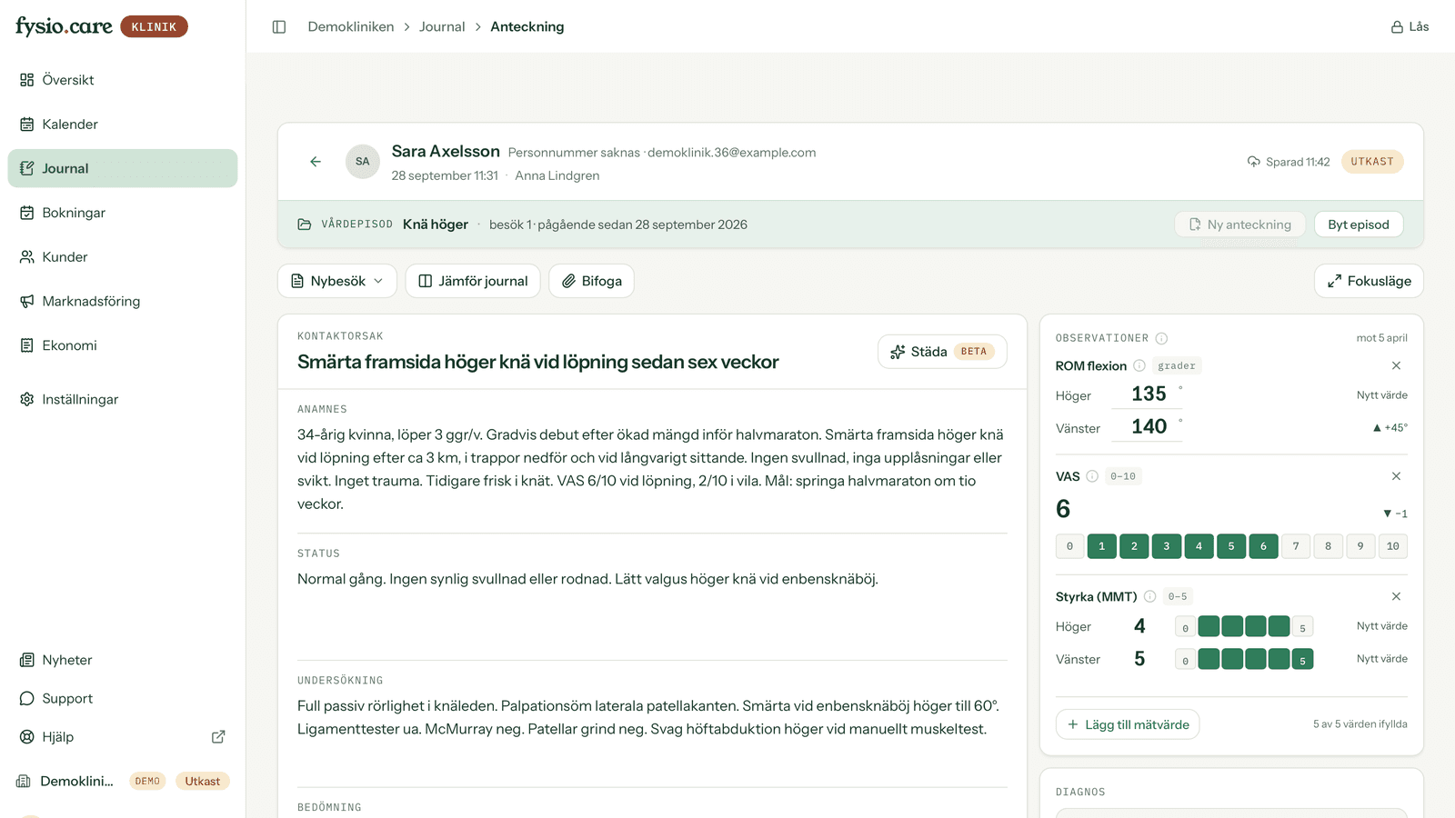 Ett journalutkast för ett nybesök i fysio.care: anamnes, status och undersökning bredvid mätvärden för rörlighet, smärta och styrka.